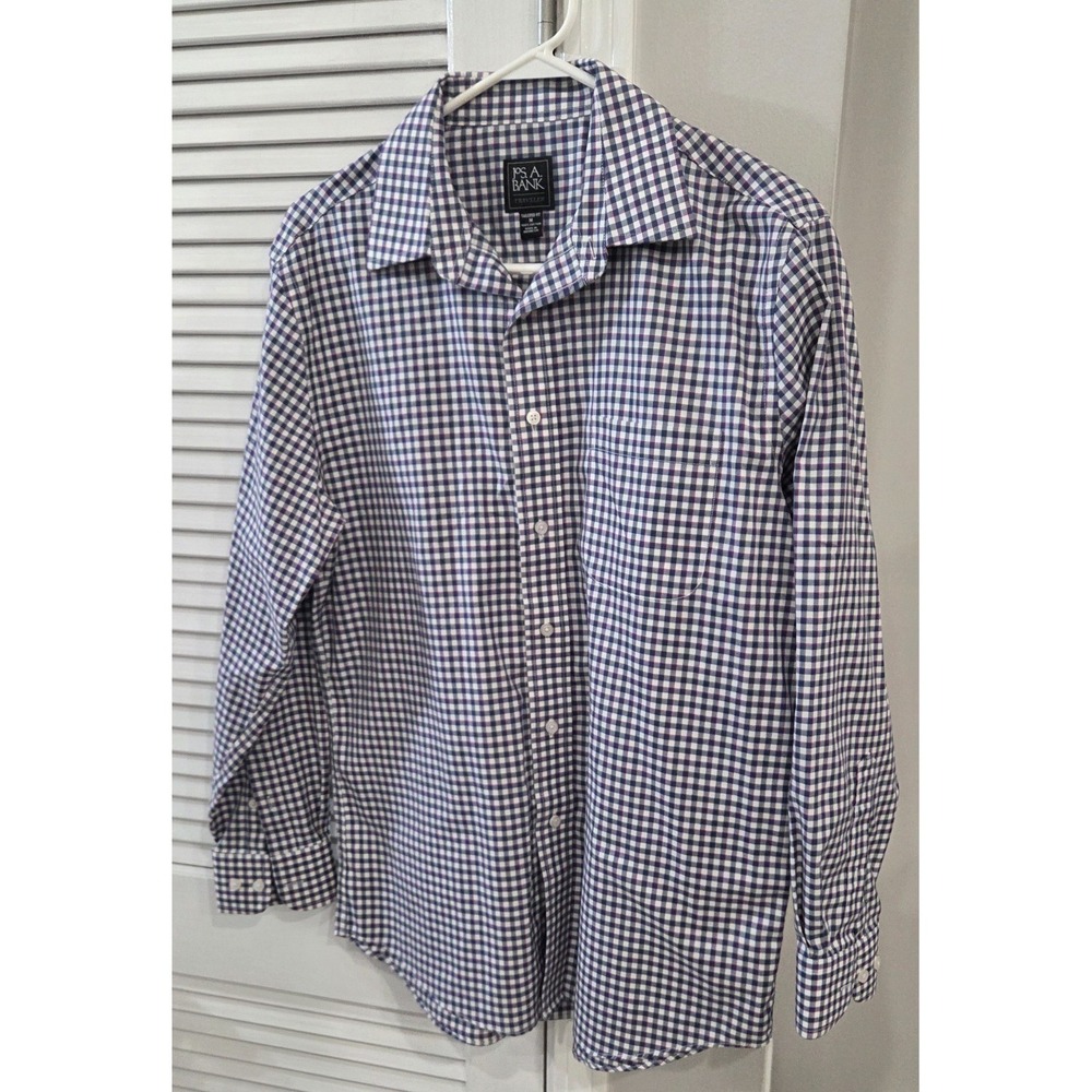 Jos A Bank Traveler Collection Plaid Tailored Fit Dress Shirt Mens Medium Blue